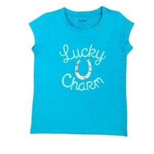 Gymboree Girls T-shirt – Size 5-6, Green with "Lucky Charm" Lettering & Gold Hor